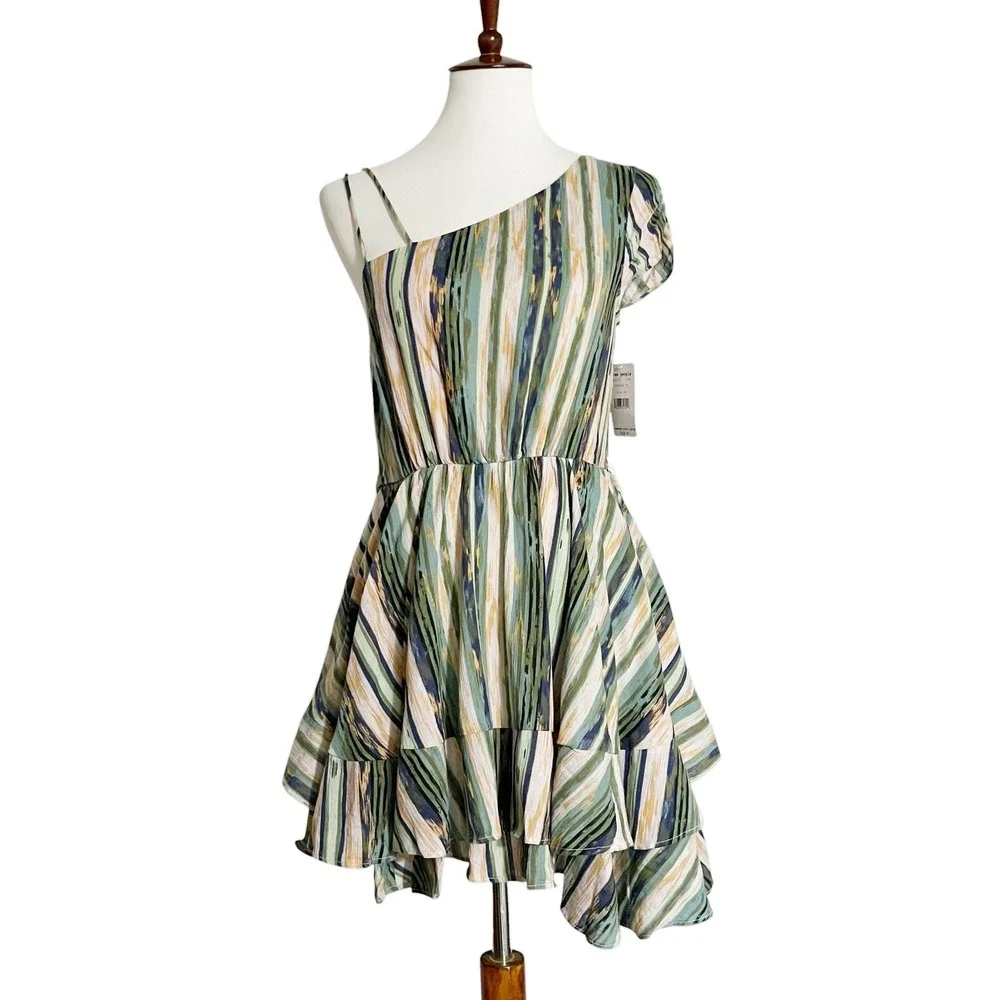Free People Green Heart Shaped Face One Shoulder‎ Mini Dress Size XSmall NWT